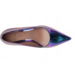 Linea Paolo - Meryl - Women's Block Heel Square Toe Mary Jane Pumps with Chain Detail Vegan Blue Iridescent Wrinkle Metallic Pu